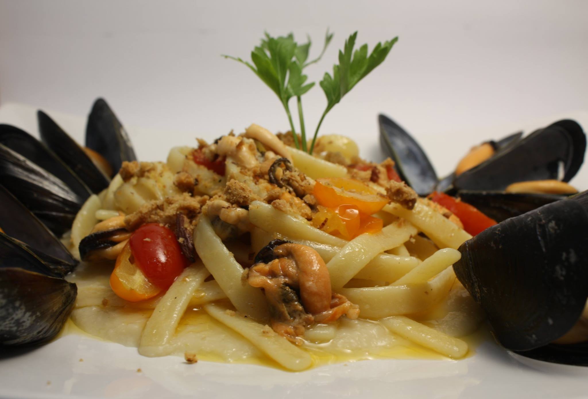 Scialatielli su crema di spollichini con  cozze, pomodorini rossi e gialli e tarallo sbriciolato